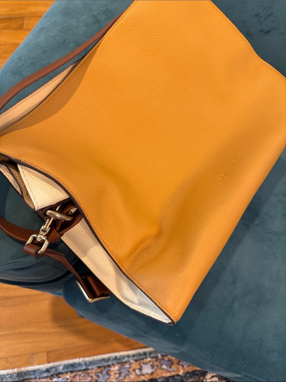 Cole Haan Pebbled Leather Shoulder Bag in Mustard Yellow with Brown Strap - Picture 7 of 7